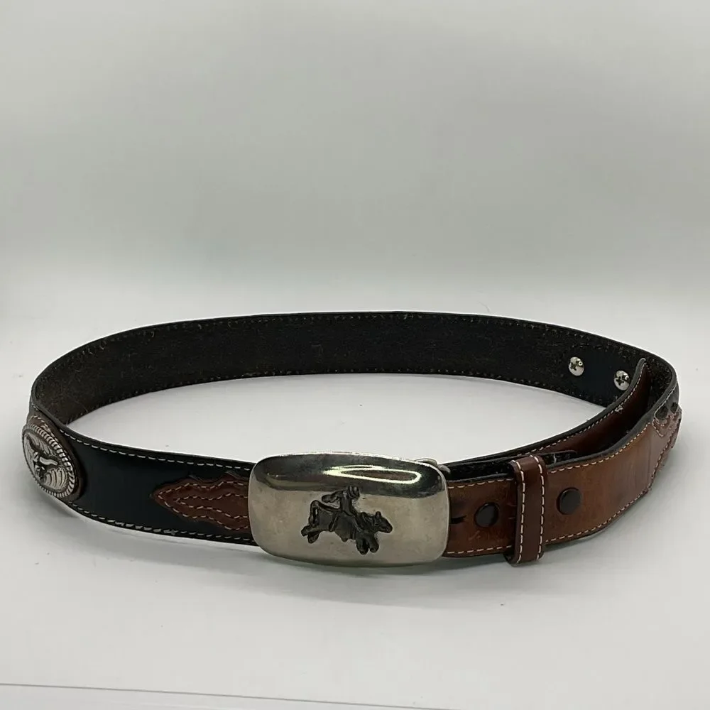 Nocona Brown And Black Leather Belt with Silver Toned embellishments